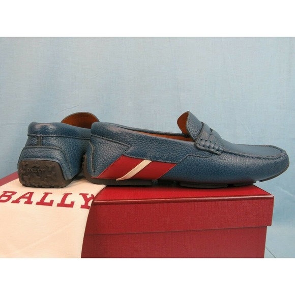 BALLY PIOTRE BLUE GRAINED LEATHER WEB LOGO DRIVER PENNY LOAFERS 11 D US 44 main image 9